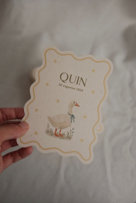 Geboortekaartje in golvende vorm met gans, met gele omlijning  