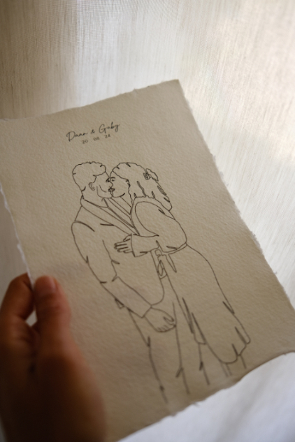 Lijntekening op maat op handgeschept papier met naam en datum